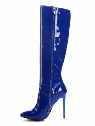 Bottes Hautes Au Genou Pour Femmes D'hiver Cuir Verni Bleu À Bout Pointu Et Talon Aiguille Décontractées Brillantes