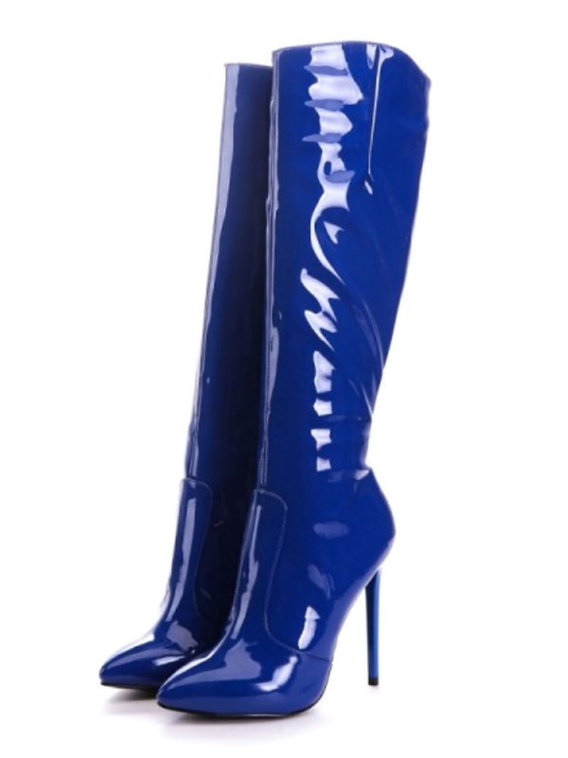 Bottes Hautes Au Genou Pour Femmes D'hiver Cuir Verni Bleu À Bout Pointu Et Talon Aiguille Décontractées Brillantes - Bleu