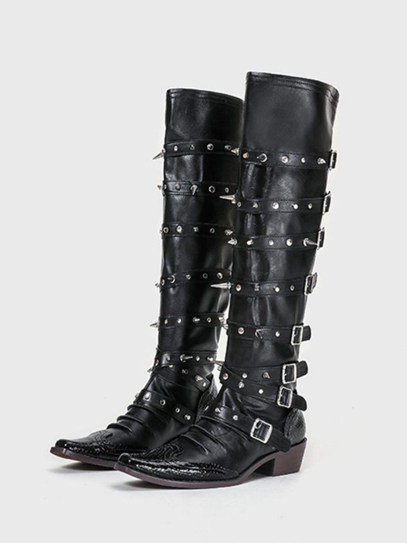 Bottes Hautes Au Genou Pour Femmes Noires À Bout Pointu Avec Boucle Cloutée Et Talon Chiot