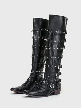 Bottes Hautes Au Genou Pour Femmes Noires À Bout Pointu Avec Boucle Cloutée Et Talon Chiot