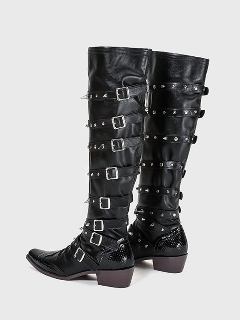 Bottes Hautes Au Genou Pour Femmes Noires À Bout Pointu Avec Boucle Cloutée Et Talon Chiot - Noir