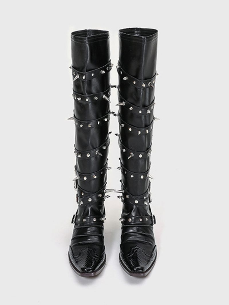 Bottes Hautes Au Genou Pour Femmes Noires À Bout Pointu Avec Boucle Cloutée Et Talon Chiot - Noir