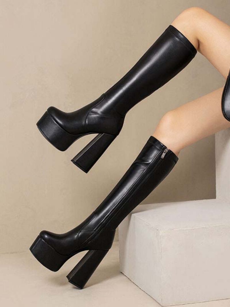 Bottes Hautes Au Genou Pour Femmes À Plateforme Et Talons Épais - Noir