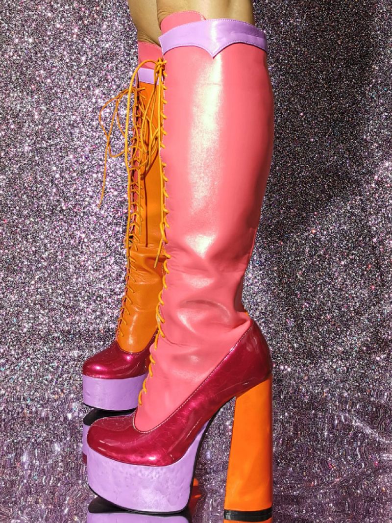 Bottes Hautes Au Genou Pour Femmes Sexy À Plateforme Et Talon Épais Lacets - Camée Rose