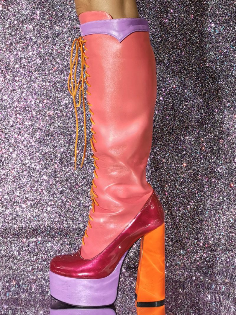 Bottes Hautes Au Genou Pour Femmes Sexy À Plateforme Et Talon Épais Lacets - Camée Rose