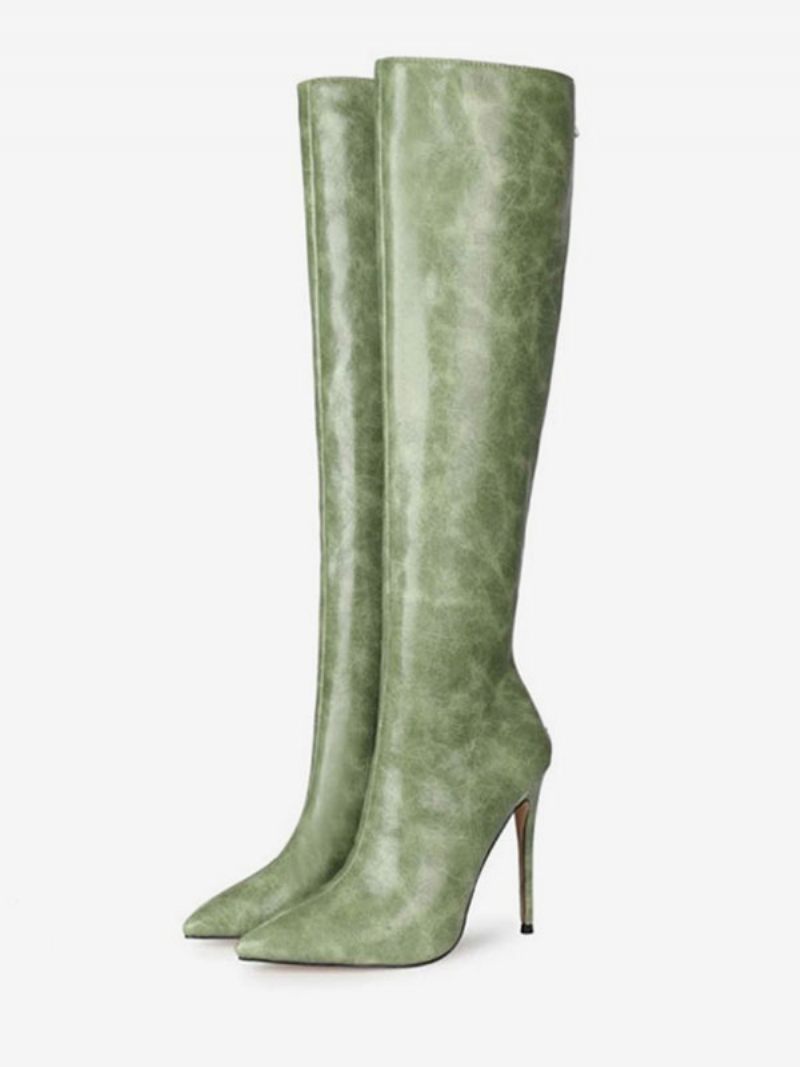 Bottes Hautes Au Genou Pour Femmes À Talons Aiguilles Cuir Pu Bout Pointu Bleu Marine - Vert