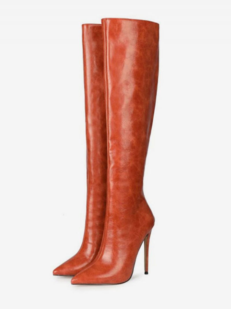 Bottes Hautes Au Genou Pour Femmes À Talons Aiguilles Cuir Pu Bout Pointu Bleu Marine - Orange Rouge