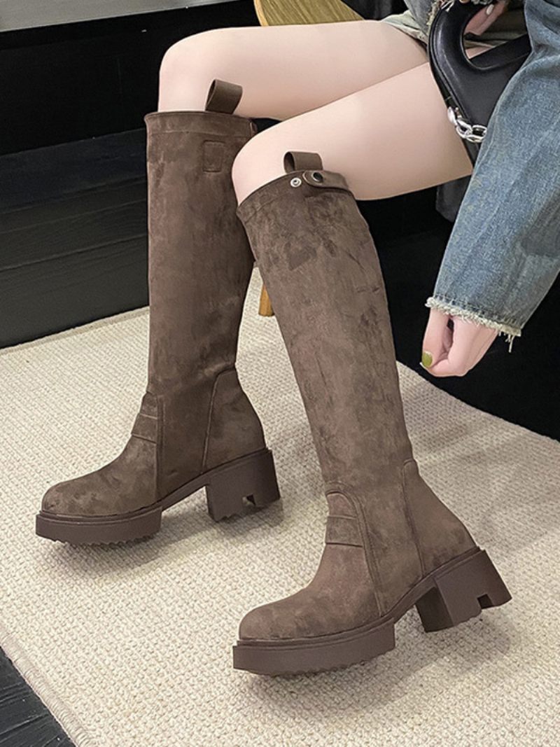 Bottes Hautes Au Genou Pour Femmes À Talons Épais Marron Café - Café Brun