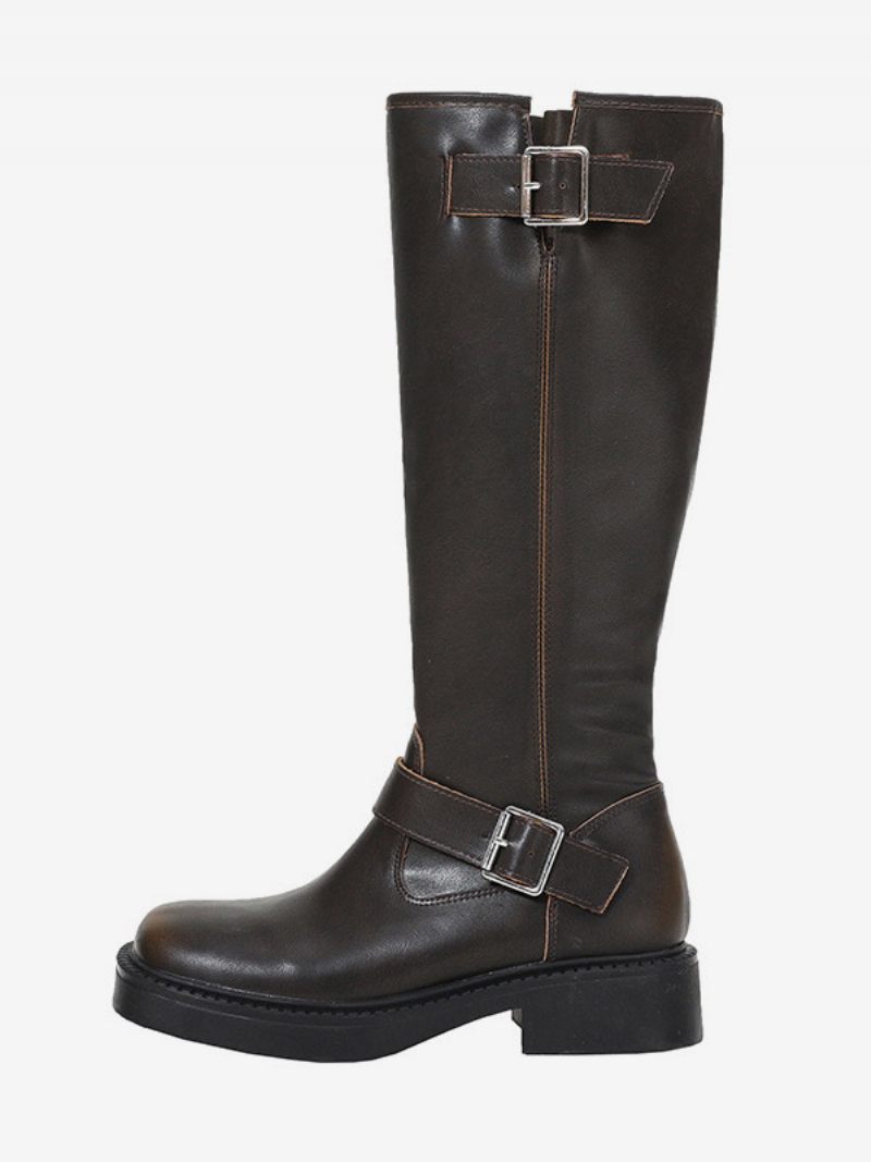 Bottes Hautes Au Genou À Talon Épais Et Boucle Rétro Pour Femmes - Marron Profond