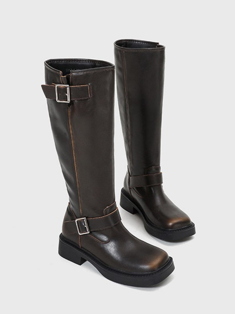 Bottes Hautes Au Genou À Talon Épais Et Boucle Rétro Pour Femmes - Marron Profond