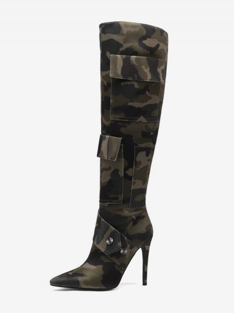 Bottes Hautes Aux Genoux Pour Femmes À Talons Hauts Avec Poche Imprimée Camouflage Et Rivets