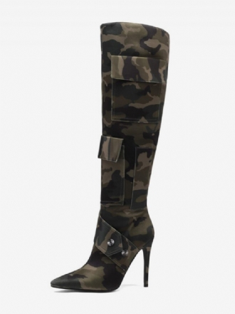 Bottes Hautes Aux Genoux Pour Femmes À Talons Hauts Avec Poche Imprimée Camouflage Et Rivets