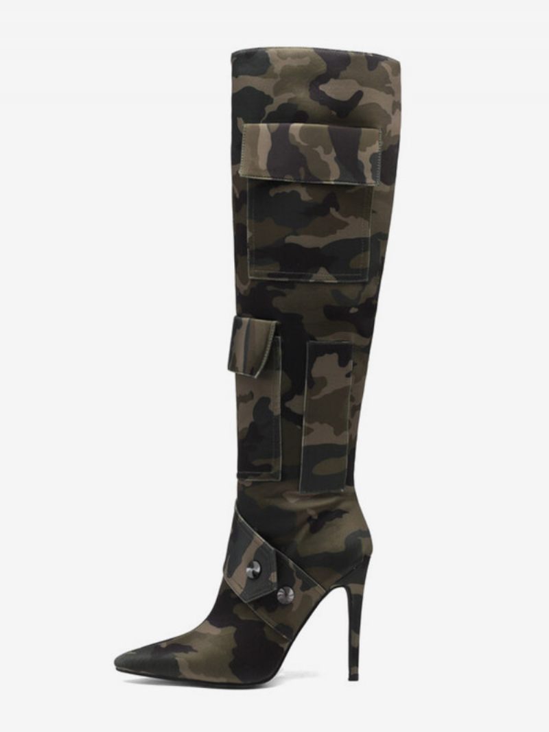 Bottes Hautes Aux Genoux Pour Femmes À Talons Hauts Avec Poche Imprimée Camouflage Et Rivets - Vert Chasseur