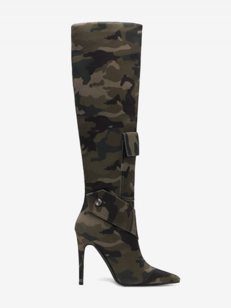 Bottes Hautes Aux Genoux Pour Femmes À Talons Hauts Avec Poche Imprimée Camouflage Et Rivets - Vert Chasseur