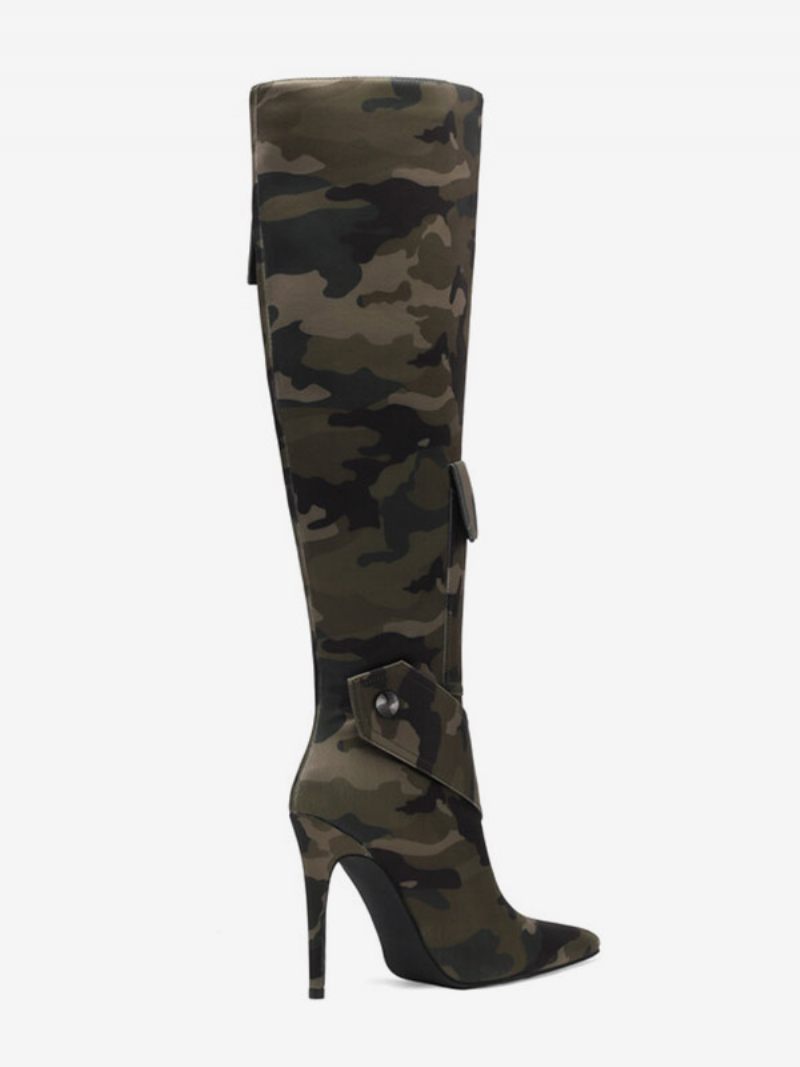 Bottes Hautes Aux Genoux Pour Femmes À Talons Hauts Avec Poche Imprimée Camouflage Et Rivets - Vert Chasseur