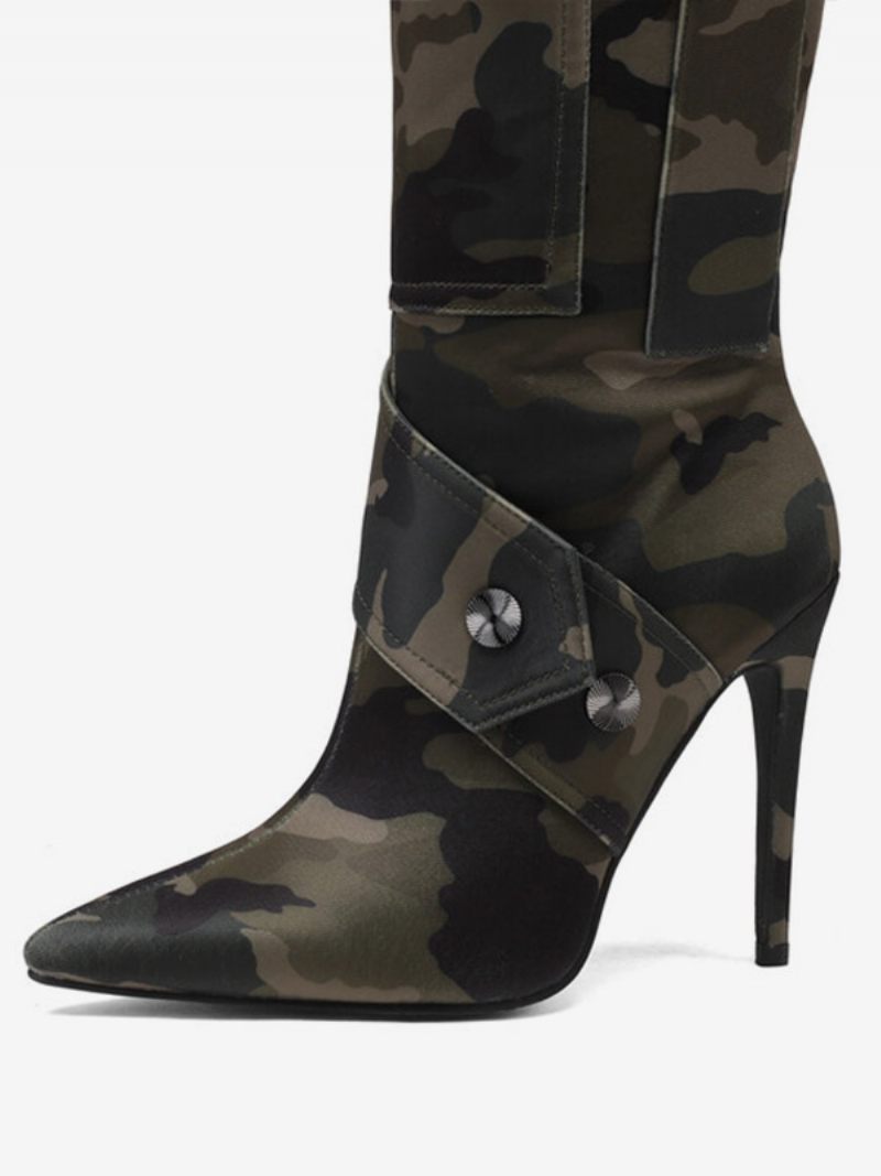 Bottes Hautes Aux Genoux Pour Femmes À Talons Hauts Avec Poche Imprimée Camouflage Et Rivets - Vert Chasseur