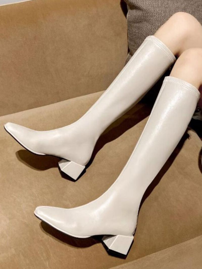 Bottes Hautes Blanches Pour Femmes Au Genou À Talons Épais