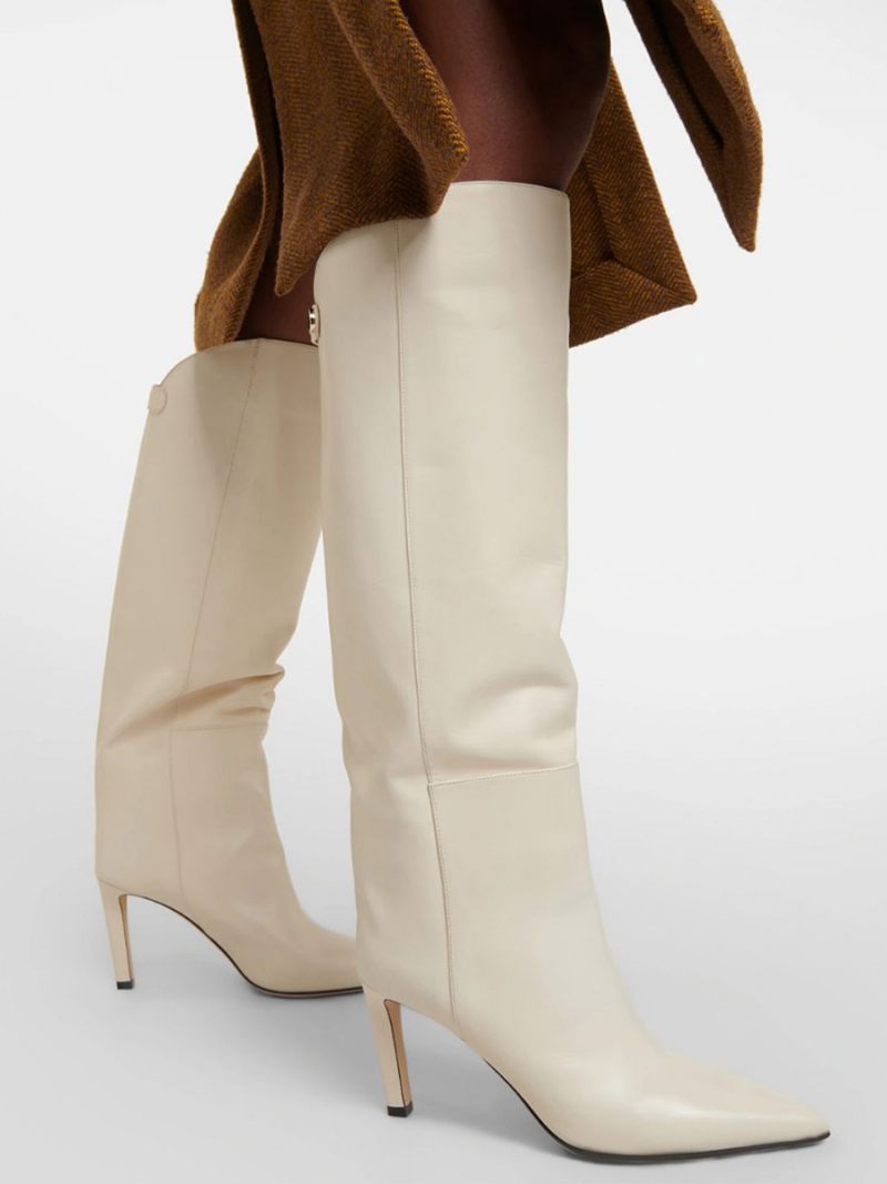 Bottes Hautes Blanches Pour Femmes À Bout Pointu Et Talons Hauts Mollets Larges - Beige