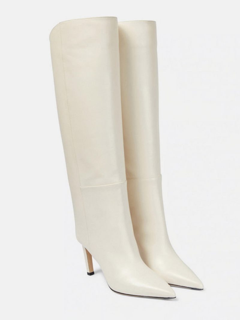 Bottes Hautes Blanches Pour Femmes À Bout Pointu Et Talons Hauts Mollets Larges - Beige