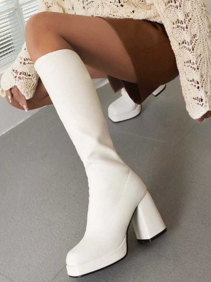 Bottes Hautes Blanches Pour Femmes Cuir Pu À Talons Épais Longueur Au Genou