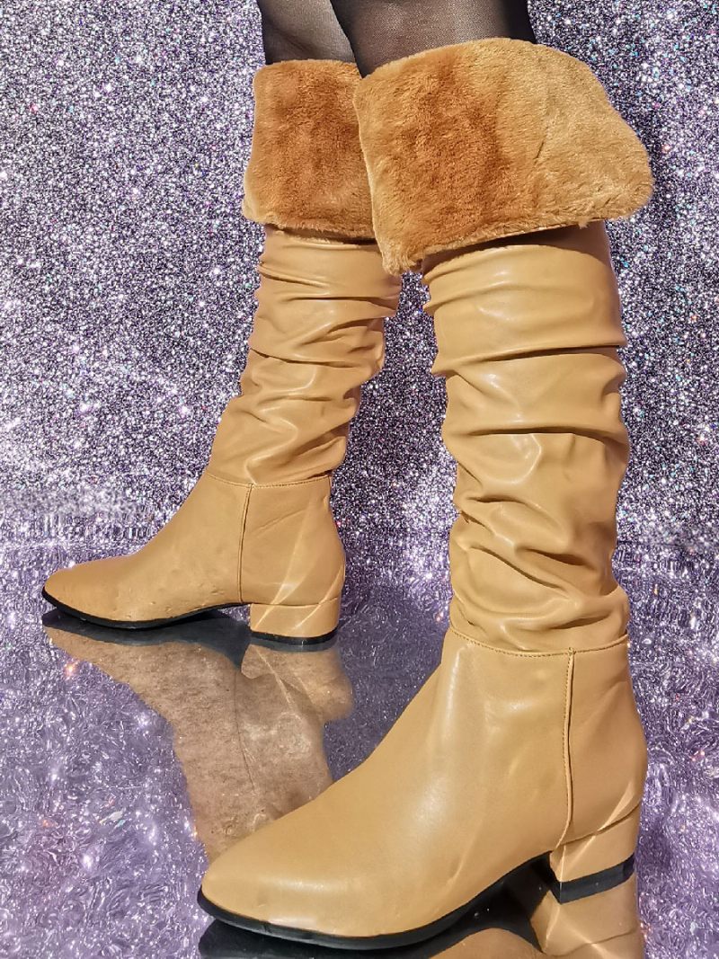 Bottes Hautes Chics À Paillettes Et Talon Chiot Pour Femmes - Brun Clair