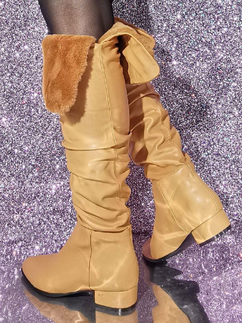 Bottes Hautes Chics À Paillettes Et Talon Chiot Pour Femmes - Brun Clair