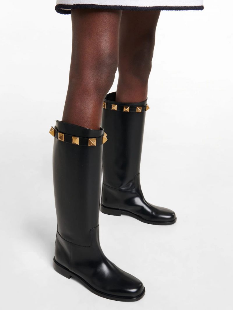 Bottes Hautes À Clous Noirs Pour Femmes D'équitation Plates Bout Rond - Noir