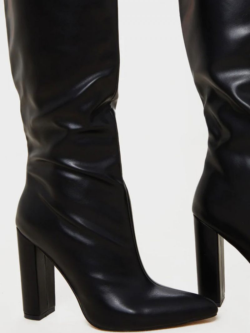 Bottes Hautes Cuir À Bout Rond Pour Femmes Talons Épais - Noir