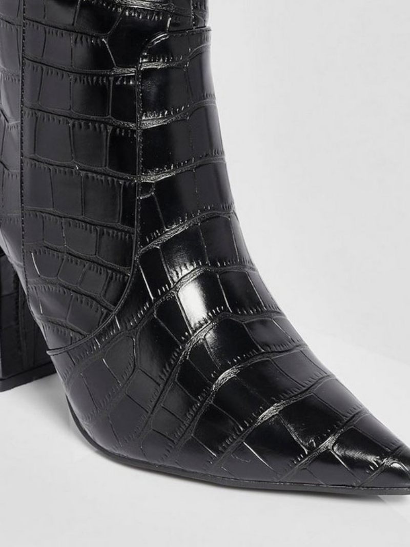 Bottes Hautes Cuir Noir À Bout Rond Pour Femmes Talons Épais Avec Motif Pierre - Noir