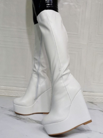 Bottes Hautes Cuir Pu Pour Femmes Bout Rond Blanc Talon Compensé Sexy À Talons Hauts