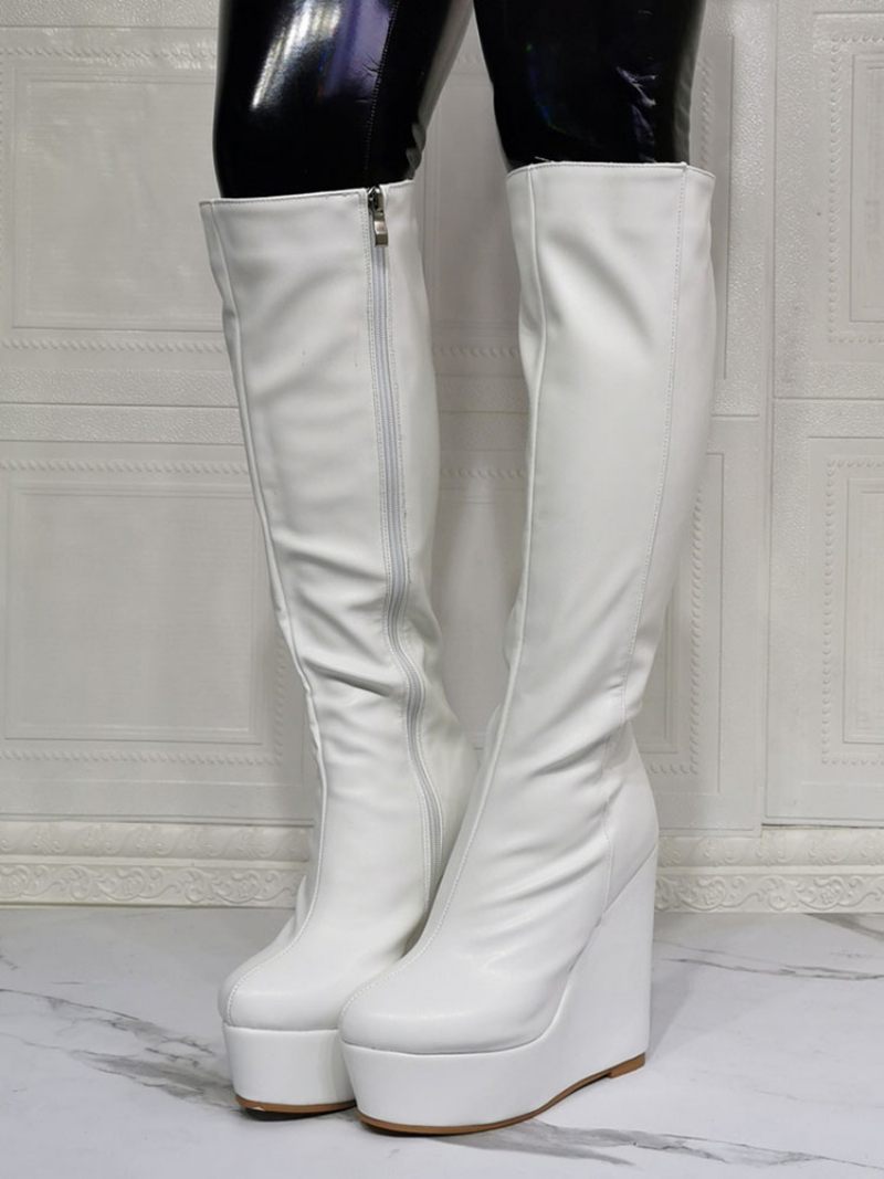 Bottes Hautes Cuir Pu Pour Femmes Bout Rond Blanc Talon Compensé Sexy À Talons Hauts - Blanc