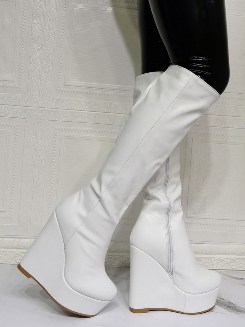 Bottes Hautes Cuir Pu Pour Femmes Bout Rond Blanc Talon Compensé Sexy À Talons Hauts - Blanc