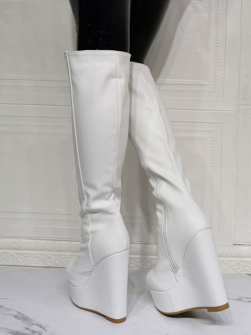 Bottes Hautes Cuir Pu Pour Femmes Bout Rond Blanc Talon Compensé Sexy À Talons Hauts - Blanc