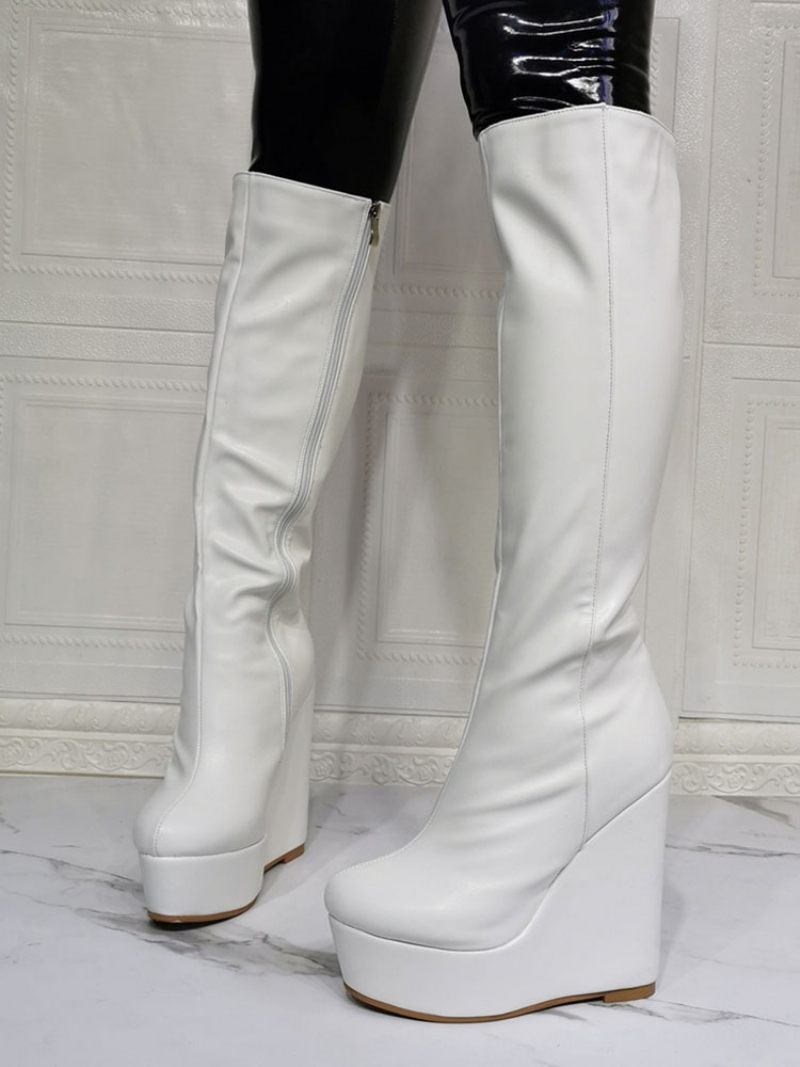 Bottes Hautes Cuir Pu Pour Femmes Bout Rond Blanc Talon Compensé Sexy À Talons Hauts - Blanc