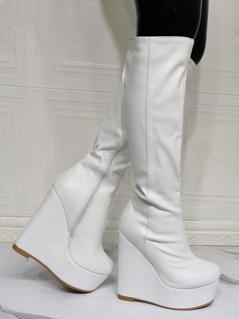 Bottes Hautes Cuir Pu Pour Femmes Bout Rond Blanc Talon Compensé Sexy À Talons Hauts - Blanc