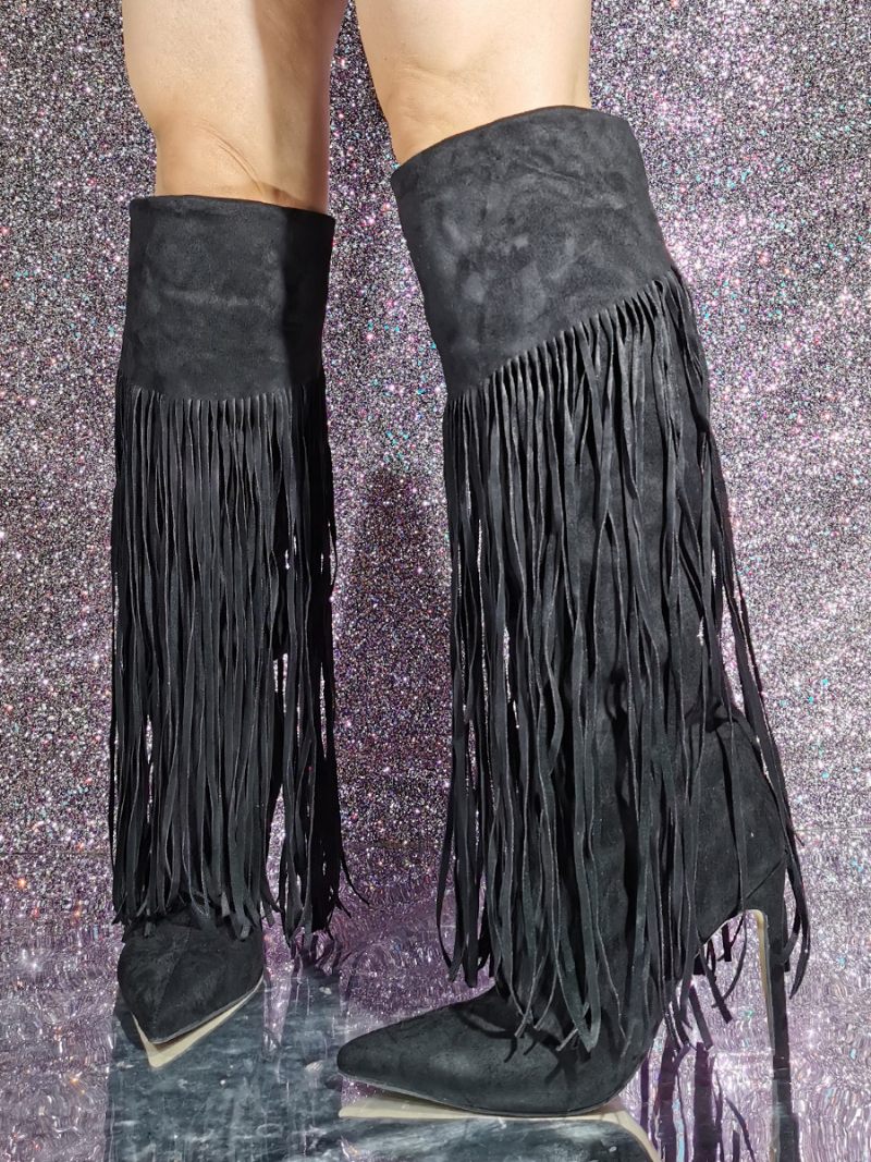 Bottes Hautes Daim À Bout Pointu Et Talon Aiguille Pour Femmes Avec Pompons - Noir