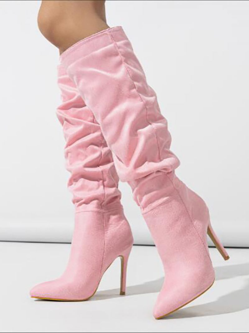 Bottes Hautes Daim Pour Femmes À Talons Aiguilles Bout Pointu Roses