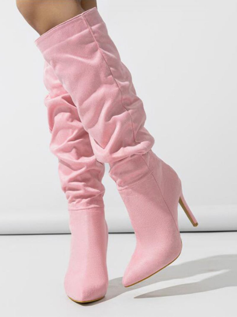 Bottes Hautes Daim Pour Femmes À Talons Aiguilles Bout Pointu Roses - Rose