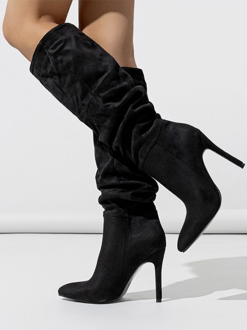 Bottes Hautes Daim Pour Femmes À Talons Aiguilles Bout Pointu Roses - Noir