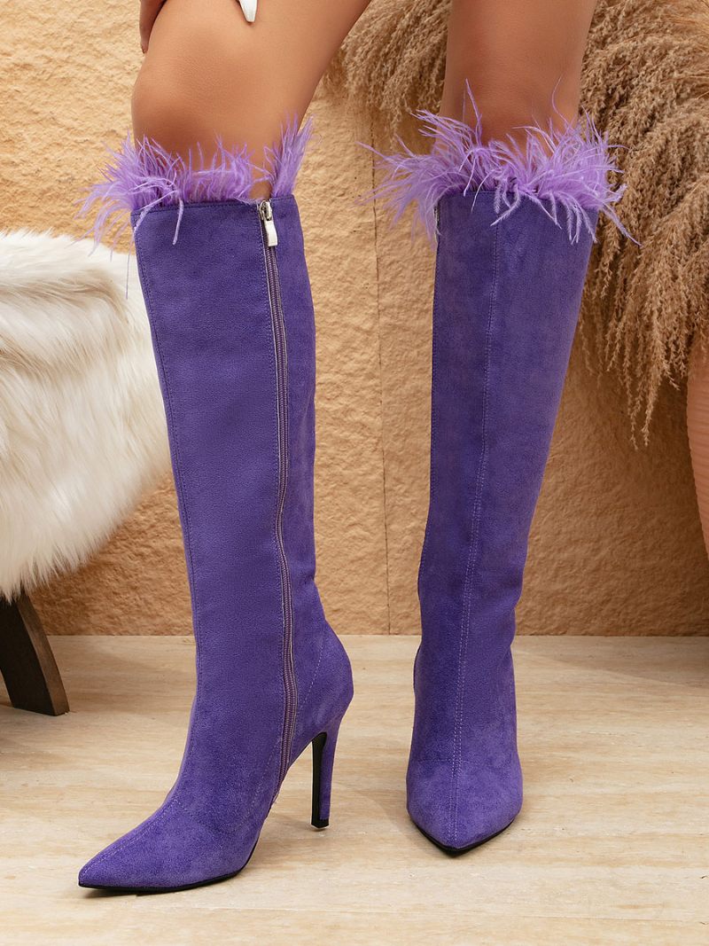 Bottes Hautes Daim Pour Femmes À Talons Hauts Bout Pointu Et Plumes Violettes - Violet