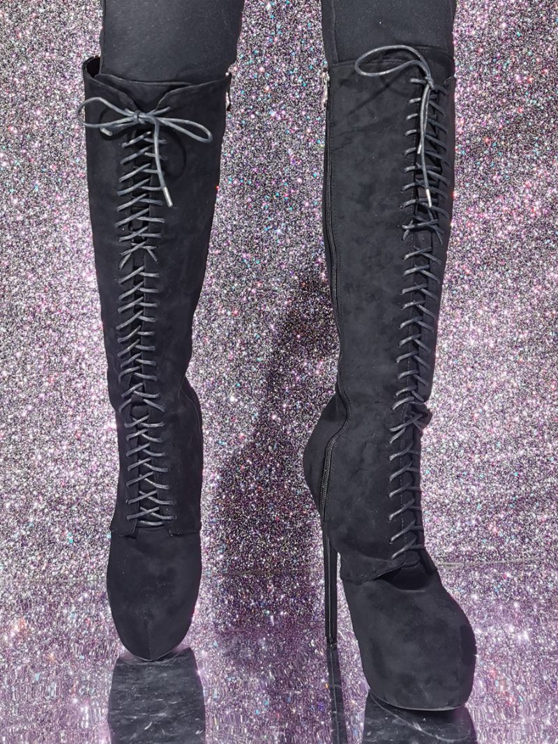 Bottes Hautes Daim Noir Pour Femmes Sexy À Lacets Et Plateforme - Noir