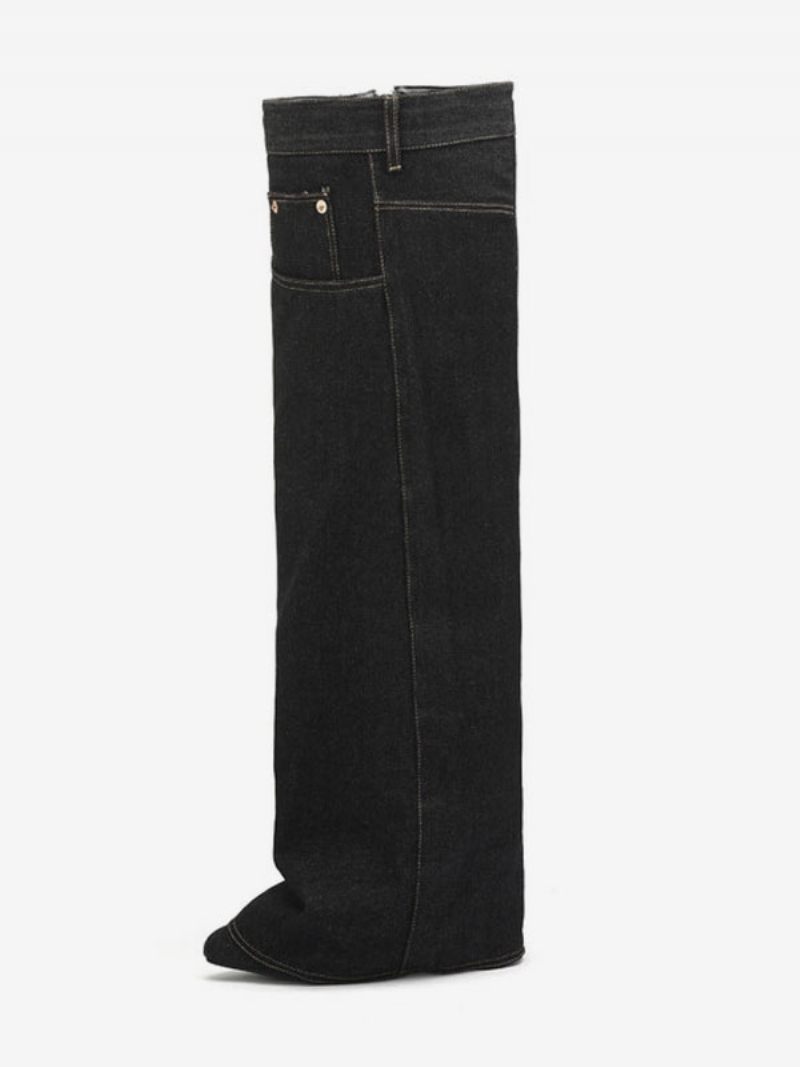 Bottes Hautes Denim Pour Femmes Toile À Talons Compensés - Noir