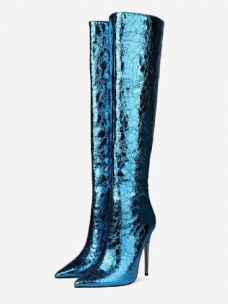 Bottes Hautes Pour Femmes Bleu Éblouissant Bout Pointu Talon Aiguille Boîte Nuit À Talons Hauts