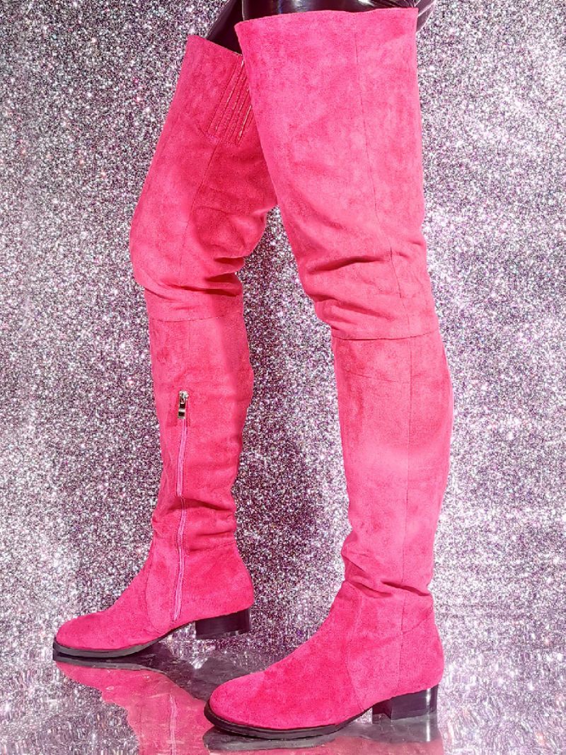 Bottes Hautes Pour Femmes Bout Rond Talon Chiot Tissu Élastique - Rose