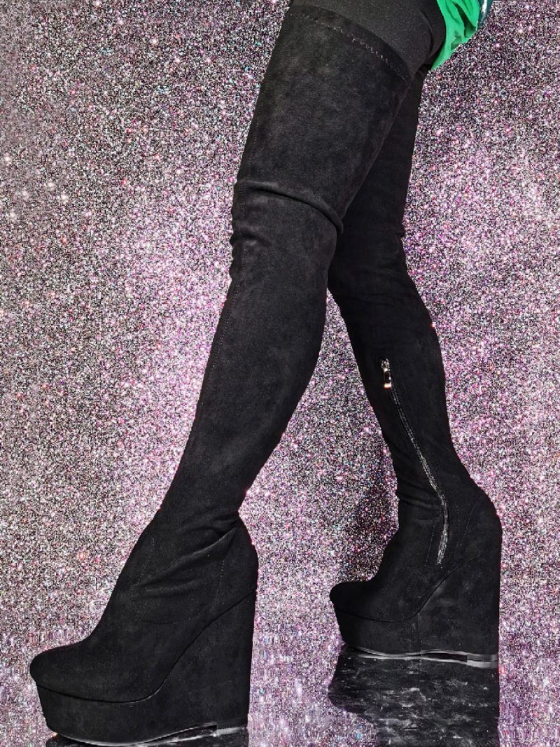 Bottes Hautes Pour Femmes Bout Rond Talon Compensé Dessus Micro-daim - Noir