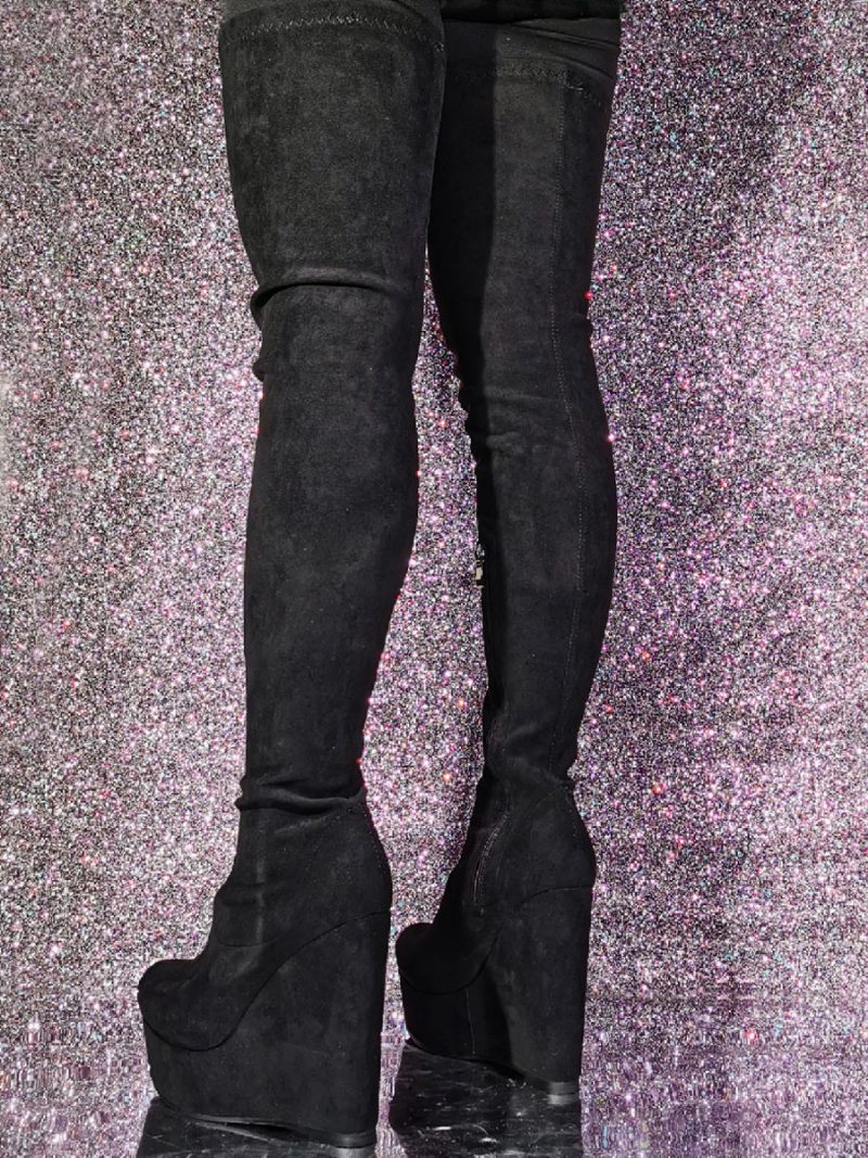 Bottes Hautes Pour Femmes Bout Rond Talon Compensé Dessus Micro-daim - Noir