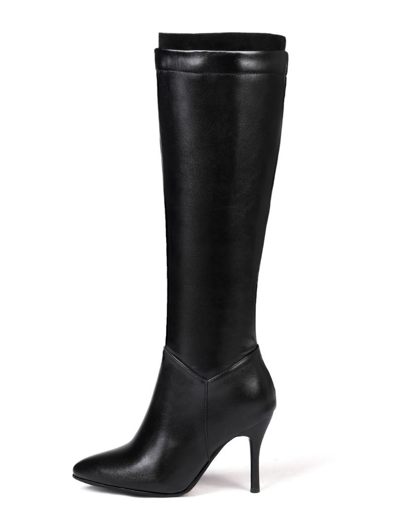 Bottes Hautes Pour Femmes Couleur Unie Bout Pointu Talon Aiguille - Noir