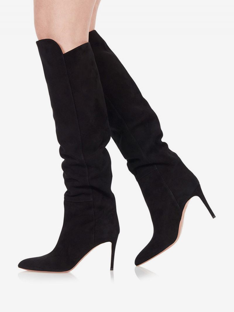 Bottes Hautes Pour Femmes Daim Talon Aiguille Au Genou - Noir