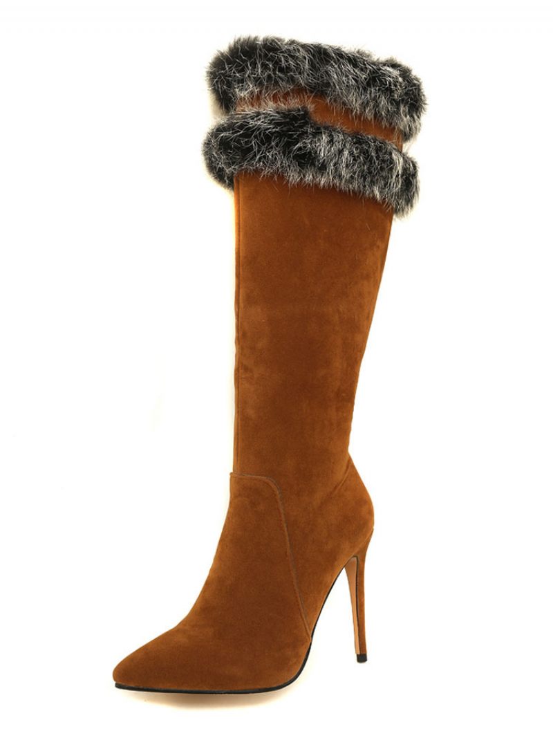 Bottes Hautes Pour Femmes Micro Daim Fausse Fourrure Bout Pointu Talon Aiguille D'hiver - Marron Café