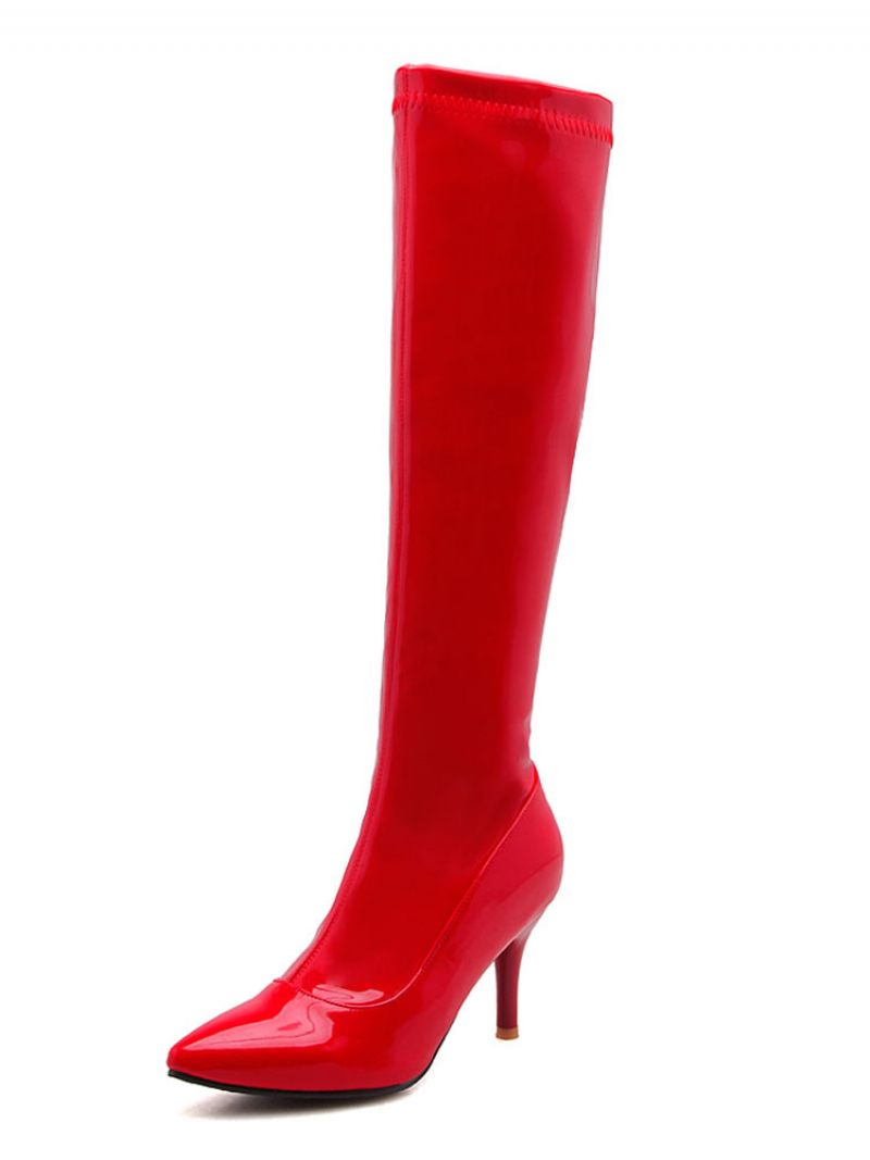 Bottes Hautes Pour Femmes À Talons Aiguilles Cuir Brillant Bout Pointu Et Verni - Rouge